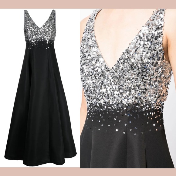 NWT $1095 Sachin & Babi [ 2 ] Caterina Sequin V-neck Gown in Black Silver‎ - Picture 3 of 15